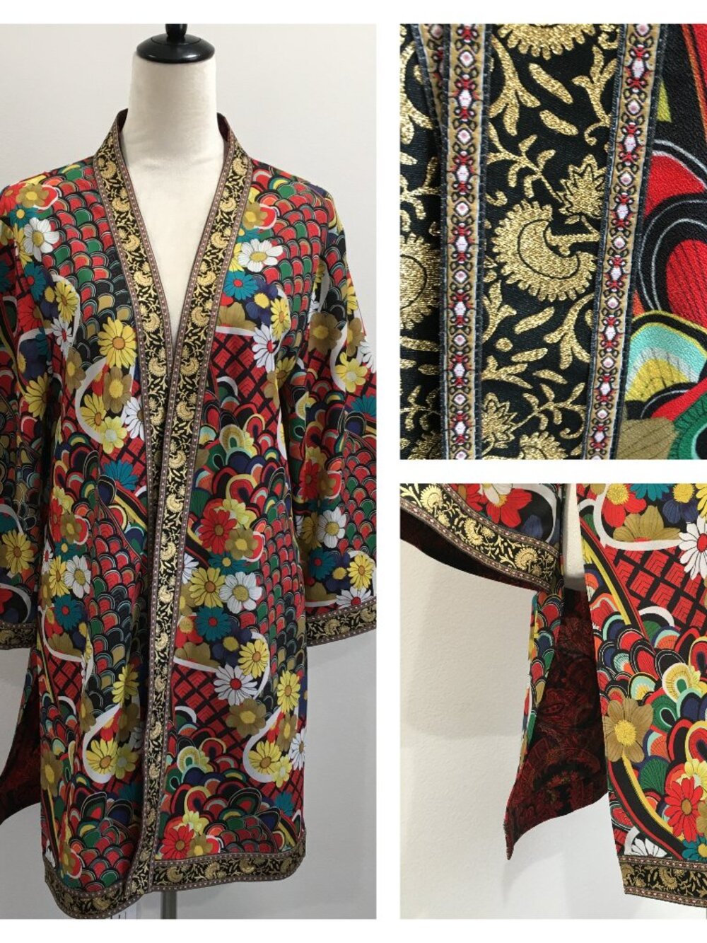 ALICE+OLIVIA Multicolor Gold Oriental Print Slit Hem Open Front Kimono Jacket